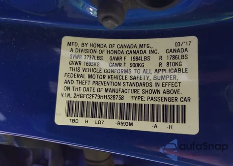 2017 Honda Civic Ex из США, поврежденный, VIN 2HGFC2F79HH528758